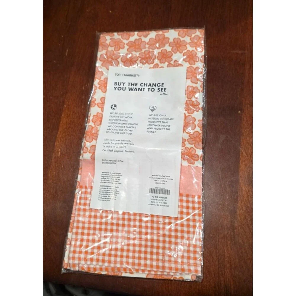 To The Market Rose All Day Tea Towel Orange Gingham Floral NEW in Packaging